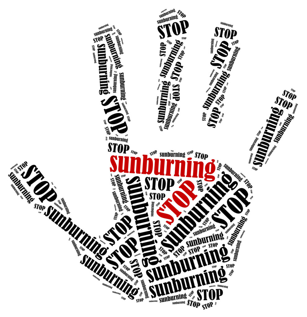 Stop sunburning. Word cloud illustration in shape of hand print showing protest.